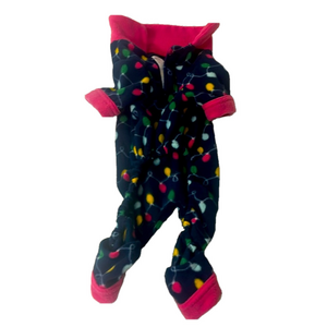small dog blue and pink christmas lights jammie’s